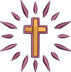 Bright yellow cross surrounded by purple rays and leaf shapes, ideal for modern religious events.
