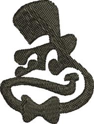 Cartoon character with a top hat, curled mustache, and bow tie in muted dark green, whimsical design.
