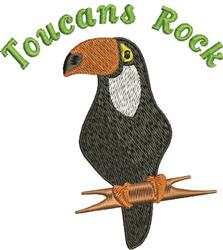 Stylized toucan perched on a wood branch, featuring vibrant colors and playful 'Toucans Rock' text above.