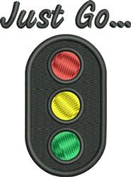 Playful traffic light with vibrant red, yellow, and green lights and 'Just Go...' text above, suitable for casual decor.