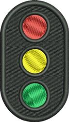 Stylized traffic light in modern design with red, yellow, and green lights, glossy finish on a black background.