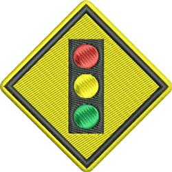 Traffic light patch with a bright yellow background, featuring red, yellow, and green circles in a playful, colorful style.