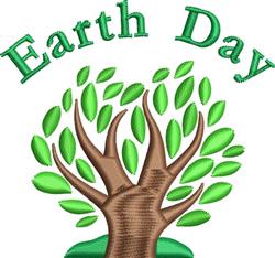 Festive tree with a textured brown trunk and vibrant green leaves, featuring 'Earth Day' text above.