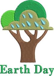 Playful tree with a brown trunk and vibrant green leaves, adorned with blue droplets for Earth Day.