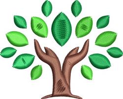 Vibrant tree with hands in brown, surrounded by green leaves, showcasing growth in a lively nature-themed design.