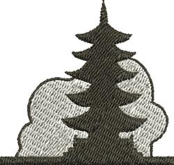 Dark tree silhouette in a simple graphic style, featuring fluffy cloud-like shapes in a serene nature scene.
