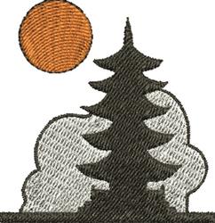 Stylized tree in dark tones against light clouds with a bright orange sun above, ideal for minimalist nature decor.