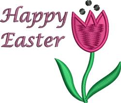 Colorful tulip with green leaves and 'Happy Easter' text, perfect for festive spring decor.