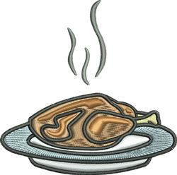 Cooked chicken on a round plate emitting steam, showcasing golden brown texture in a realistic culinary style.