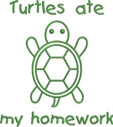 Playful turtle graphic with green outline and the phrase 'Turtles ate my homework' in fun font.
