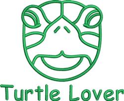 Playful turtle face with green outline and simple features, complemented by 'Turtle Lover' text.