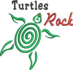 Playful turtle with a spiral shell design in vibrant green, featuring 'Turtles Rock' in bold black and red text.