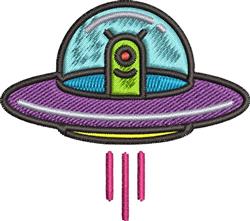 Colorful UFO with friendly alien peeking out, featuring pink beams and a playful cartoonish style, perfect for kids.