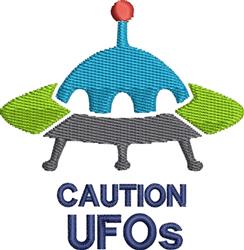 Playful UFO design featuring a colorful rounded spaceship with a red dome and bold 'CAUTION UFOs' text in vibrant hues.
