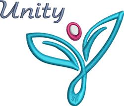 Text reading 'Unity' in a modern font, surrounded by turquoise leaf elements and a small pink circle.