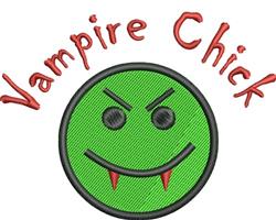 Playful vampire chick with a green smiley face, fangs, and red text, perfect for Halloween-themed patterns.