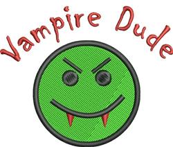 Playful green vampire face with fangs and smiling eyes, featuring 'Vampire Dude' text, perfect for Halloween decor.