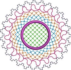 Colorful geometric design featuring a vibrant circular pattern with intricate lines and a green grid.