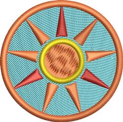 Vibrant sun compass design featuring a bright sun with pointed rays and a warm circular border on a light blue backdrop.