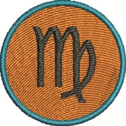 Virgo symbol patch featuring a black Virgo symbol on a simple orange circular background with a teal border.