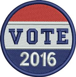 Bold circular patch with dark blue border featuring red top, white 'VOTE', and blue '2016'; perfect for election gear.