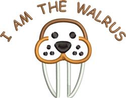 Playful walrus face with prominent whiskers and a cheerful smile, featuring the text 'I AM THE WALRUS'.