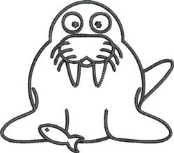 Cartoon walrus with large eyes and tusks, accompanied by a small fish, outlined simply for a playful touch.