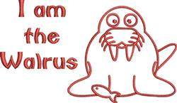 Redwork walrus with prominent tusks and large eyes, playfully sitting beside a small fish and captioned 'I am the Walrus.'