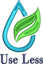 Stylized applique water drop and leaf design in vibrant blue and green, featuring bold text 'Use Less'.