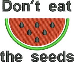 Playful watermelon slice with vibrant red flesh, green rind, and black seeds, featuring 'Don't eat the seeds' text. Perfect f