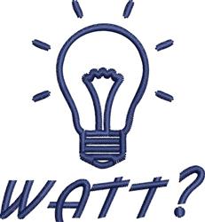 Playful light bulb with navy blue outlines and radiating lines, featuring 'WATT?' text below in blue.