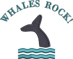 Whale tail rising above turquoise waves with bold text 'WHALES ROCK!' in a playful, colorful design.