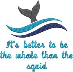 Playful whale tail in gray and blue with flowing waves, featuring fun text in a lighthearted coastal style.