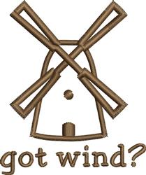 Playful windmill with crossed brown blades and whimsical text 'got wind?' in a simple design.