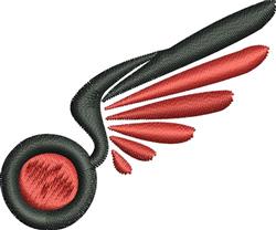 Abstract applique symbol with wing-like design, featuring a red circular base and elongated black shape conveying motion.