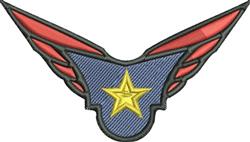 Stylized winged emblem with red wings and a blue shield, featuring a bright yellow star. Bold graphic design for patches.
