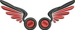 Stylized wings in black with vibrant red accents and circular elements, showcasing modern bold design.