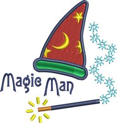 Colorful wizard hat with gold stars and blue sparkles, featuring 'Magic Man' text and a magic wand.