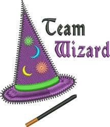 Playful cartoon purple wizard hat with colorful moons and stars, beside a black magic wand, perfect for Halloween festivities