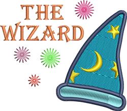 Playful wizard hat in blue with yellow stars and crescent moon, featuring 'THE WIZARD' text for Halloween.
