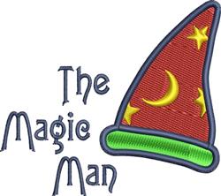 Playful wizard hat with a red design, green brim, and yellow moon on Halloween. Features 'The Magic Man' text.
