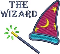 Playful wizard hat adorned with gold stars and green sparkles, featuring 'THE WIZARD' text for Halloween.
