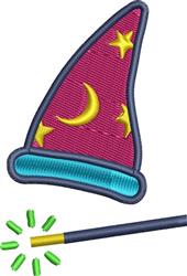 A playful purple wizard hat with a blue band and gold stars, paired with a sparkling magic wand for Halloween.