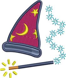 Whimsical purple wizard hat with gold stars and a magic wand, emitting blue sparkles for Halloween.