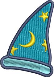 Playful wizard hat with vibrant blue fabric, yellow stars, and crescent moon, perfect for Halloween.