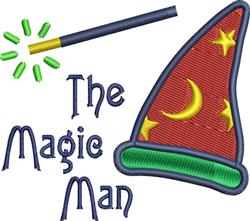 Playful red wizard hat adorned with a yellow crescent, stars, and a sparkling magic wand. Perfect for children.