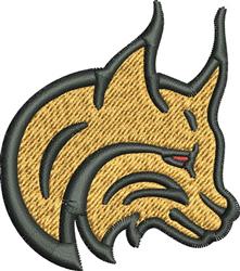 Bold graphic wolf head with fierce expression, golden hue, black outlines, and red-eyed accents, ideal for sports.