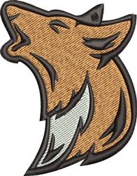 Stylized wolf head in profile with strong outlines, brown and white colors, howling expression.
