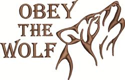 Stylized wolf head outline with bold 'OBEY THE WOLF' text in earthy tones, perfect for denim jackets.