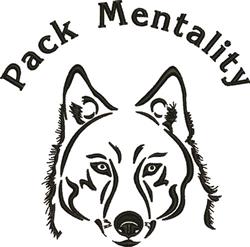 Bold wolf head with 'Pack Mentality' text in minimalist style, perfect for machine embroidery on jackets.